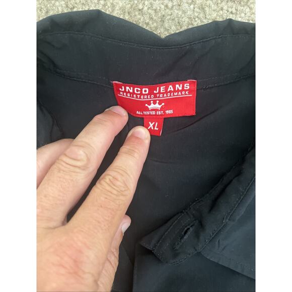 JNCO Jeans Shirt Mens XL Black Red Flame Graphic Short Sleeve Y2K Skate Retro - Picture 2 of 6